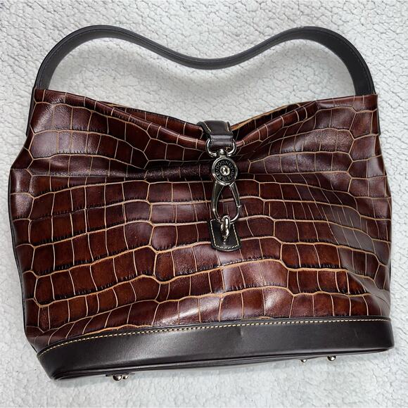 Dooney & Bourke Duck Logo Brown Embossed Crocodile Leather Purse Toe Handbag - Picture 1 of 12